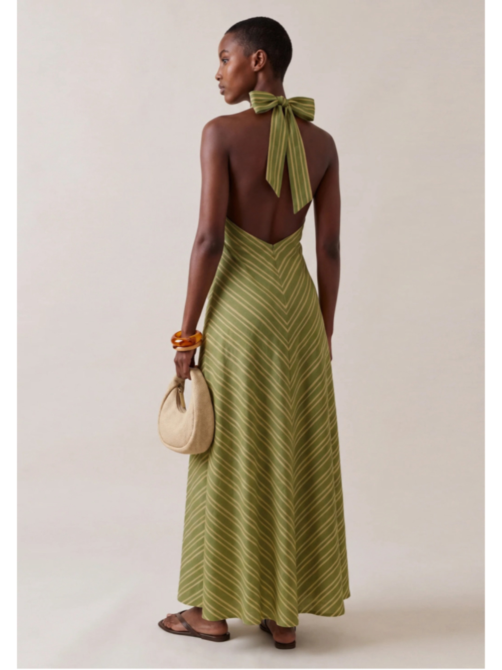 Women's o.p.t Noelle Cotton Dress Green Striped Halter Maxi Dress Size S - Picture 2 of 9